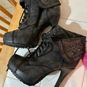 Gray Studded Lace-Up High Heel Booties